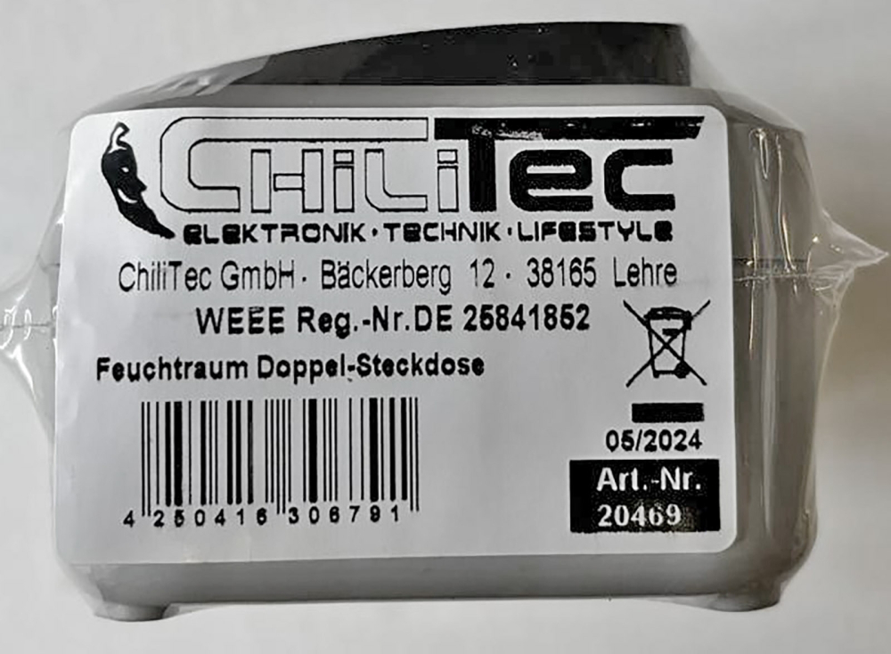 Feuchtraum Doppel-Steckdose IP44 grau ChiliTec 20469