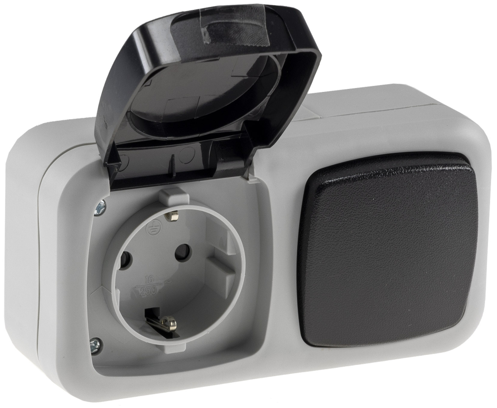 Feuchtraum Kombi Steckdose + Schalter IP44 grau horizontal ChiliTec 20470