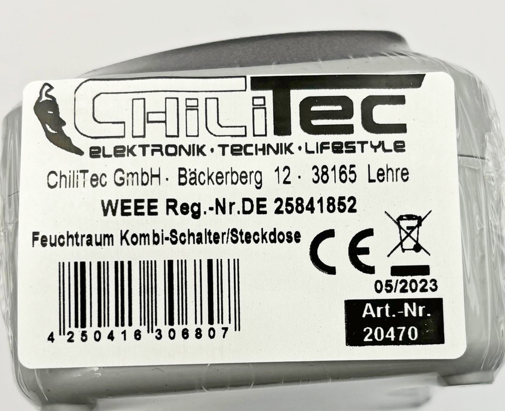 Feuchtraum Kombi Steckdose + Schalter IP44 grau horizontal ChiliTec 20470