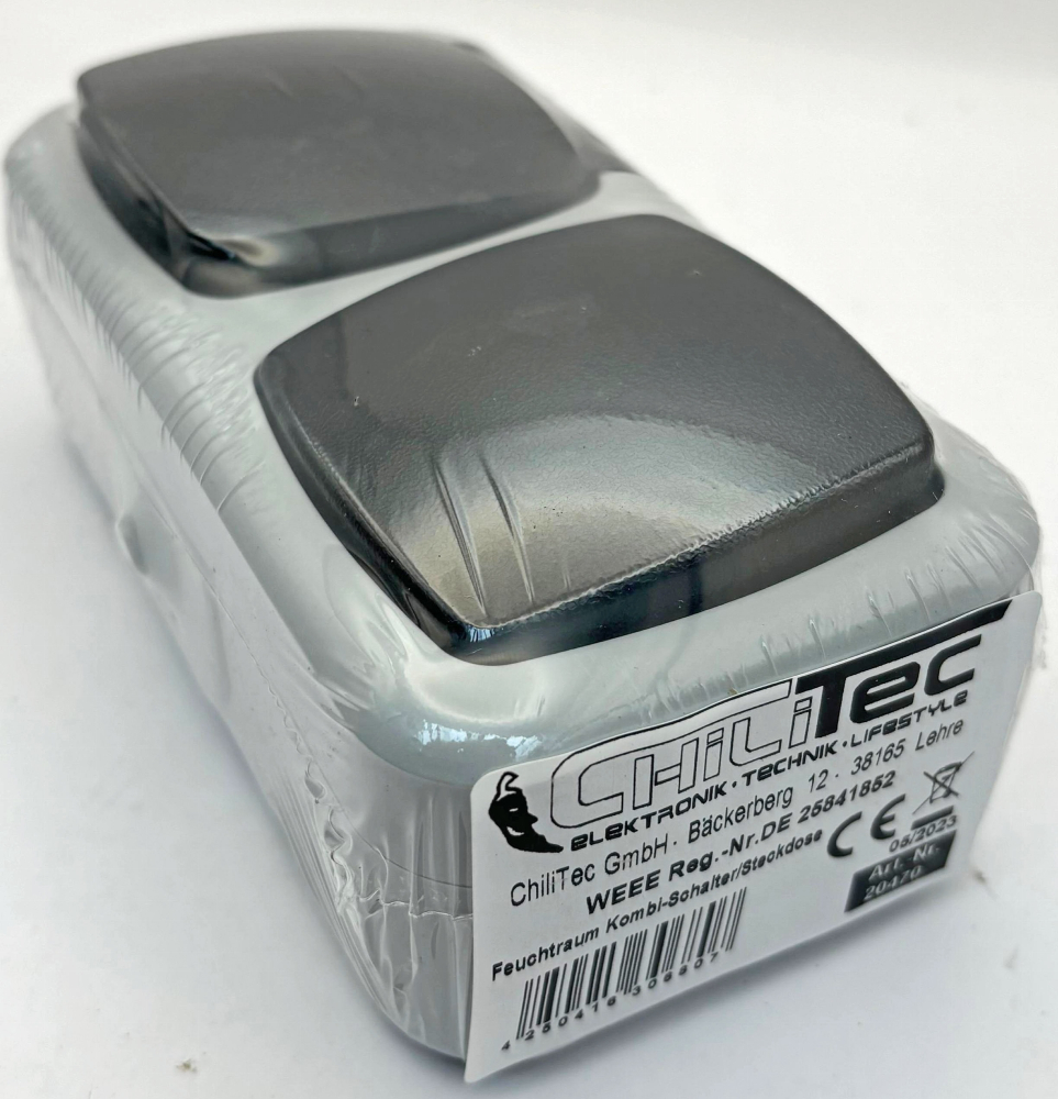 Feuchtraum Kombi Steckdose + Schalter IP44 grau horizontal ChiliTec 20470