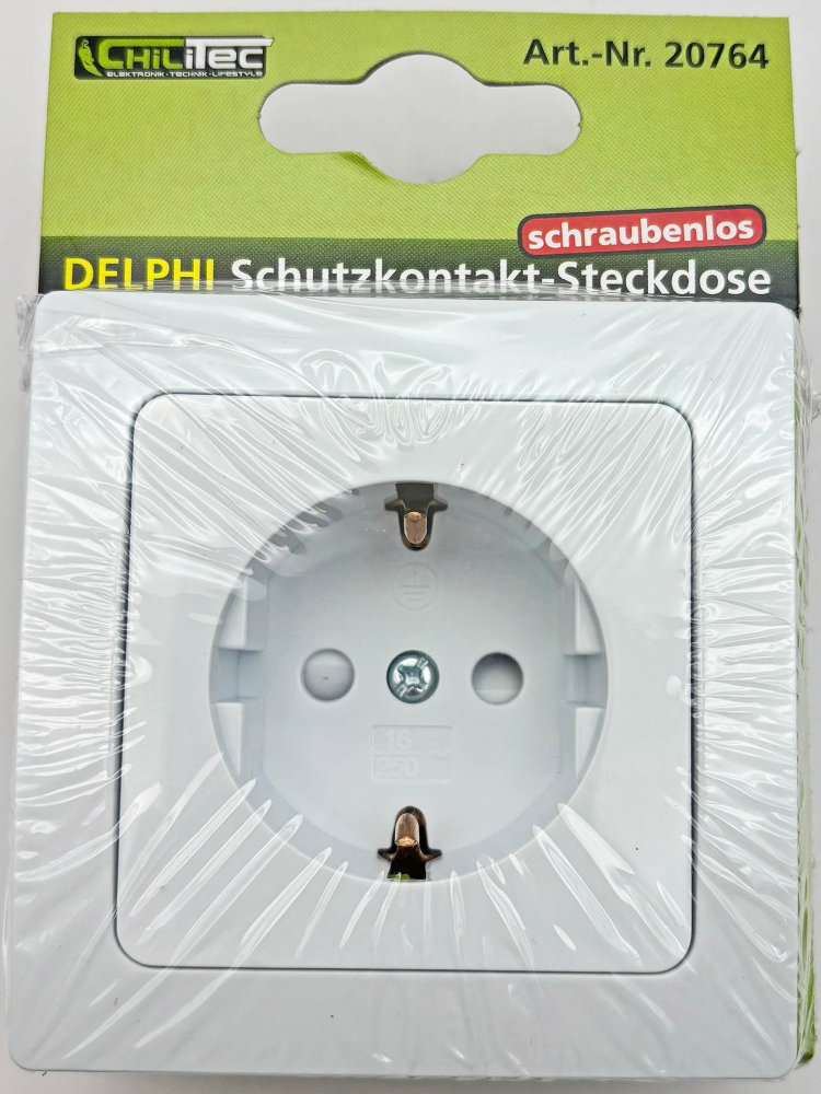 DELPHI Steckdose mit erhöhtem Berührungsschutz weiß, Einsatz mit Rahmen, 20764