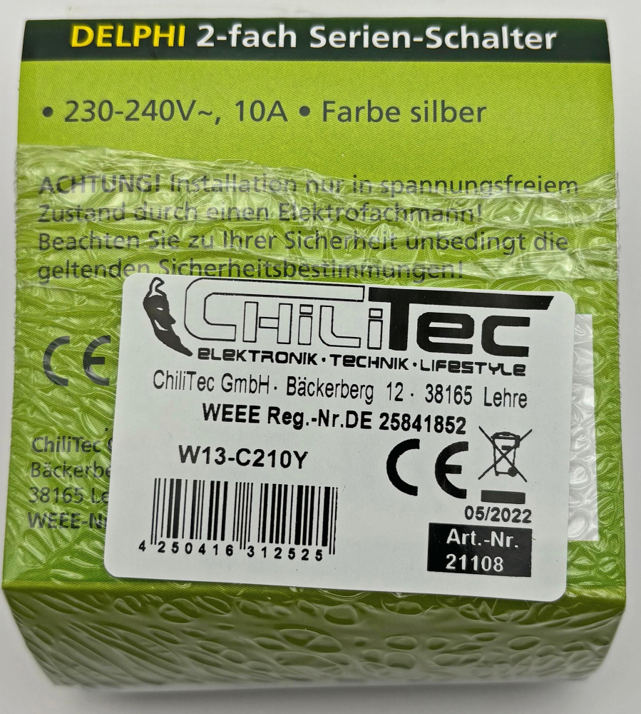 DELPHI Serien-Schalter 2-fach 0-250AV/10A silber, inkl. Rahmen