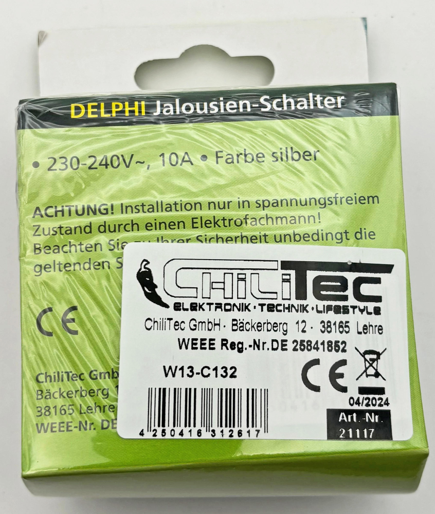 DELPHI Jalousien-Steuerung Hoch/Runter Taster 250AV silber mit Rahmen