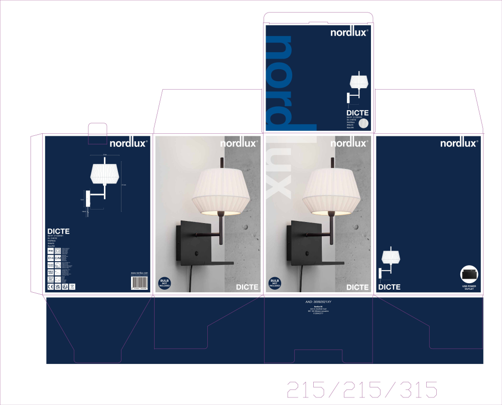 Wandlampe Dicte Nordlux schwarz weiss E14 mit Regal und USB