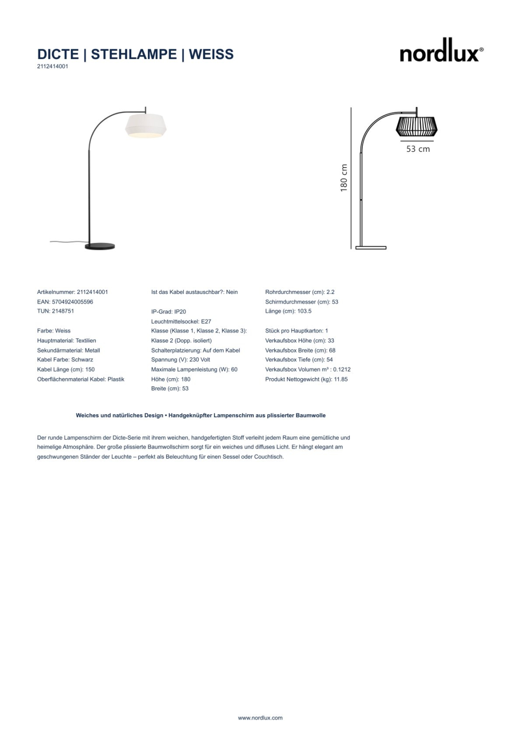 Nordlux Stehlampe Dicte Weiss E27 Bodenlampe, Schirm aus Textilien