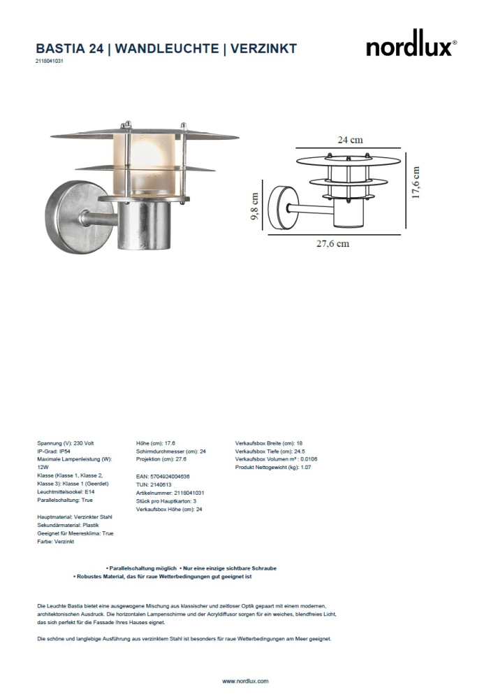 Wandleuchte Bastia 24 Nordlux verzinkt E27 IP54 Outdoor 2118041031