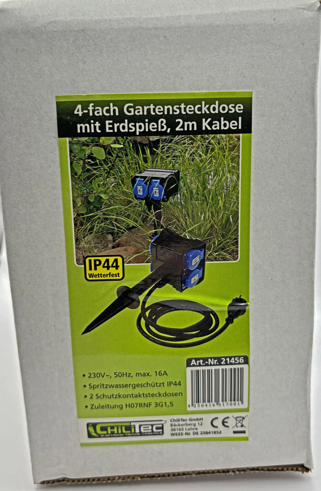 Gartensteckdose IP44 4-fach mit Erdspieß 250V 16A Kabel 1,4m Deckel