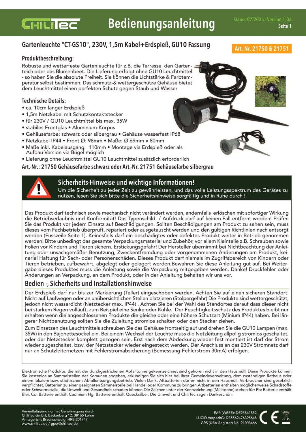 ChiliTec Gartenleuchte "CT-GS10" GU10 Silbergrau IP68 Erdspieß 1,5m Kabel 21751