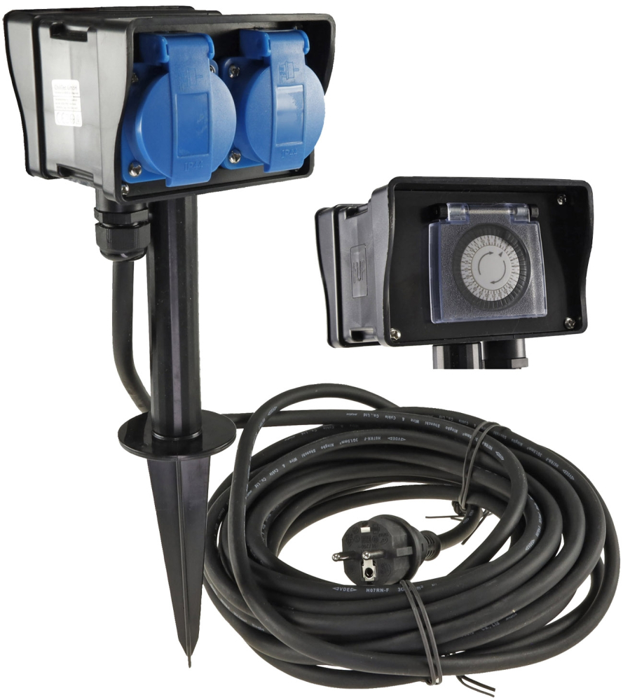 Gartensteckdose IP44 2-fach mit Zeitschaltuhr, Erdspieß, 2m Kabel 22032