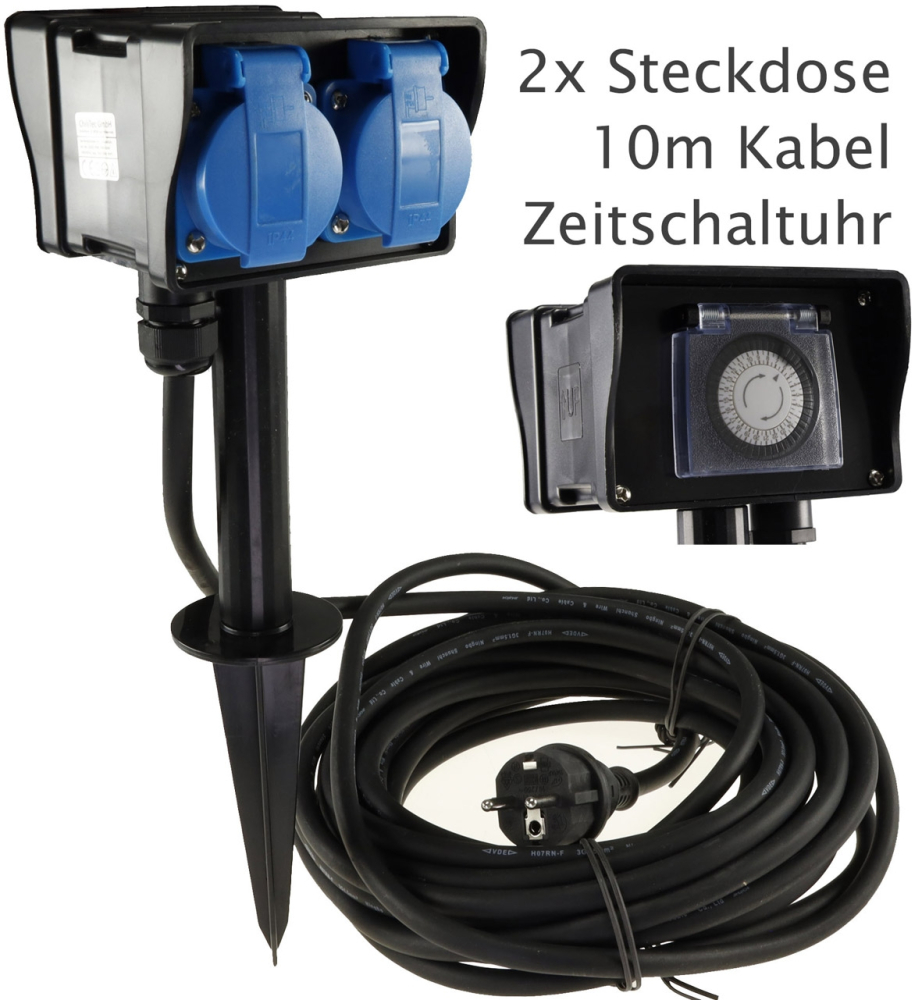Gartensteckdose IP44 2-fach mit Zeitschaltuhr, Erdspieß, 10m Kabel 22033