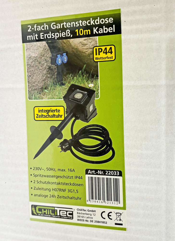 Gartensteckdose IP44 2-fach mit Zeitschaltuhr, Erdspieß, 10m Kabel 22033