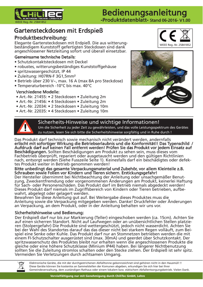 Gartensteckdose IP44 2-fach mit Erdspieß 250V 16A 10m Kabel Schutzkontaktsteckdosen 22034