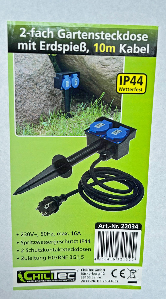 Gartensteckdose IP44 2-fach mit Erdspieß 250V 16A 10m Kabel Schutzkontaktsteckdosen 22034