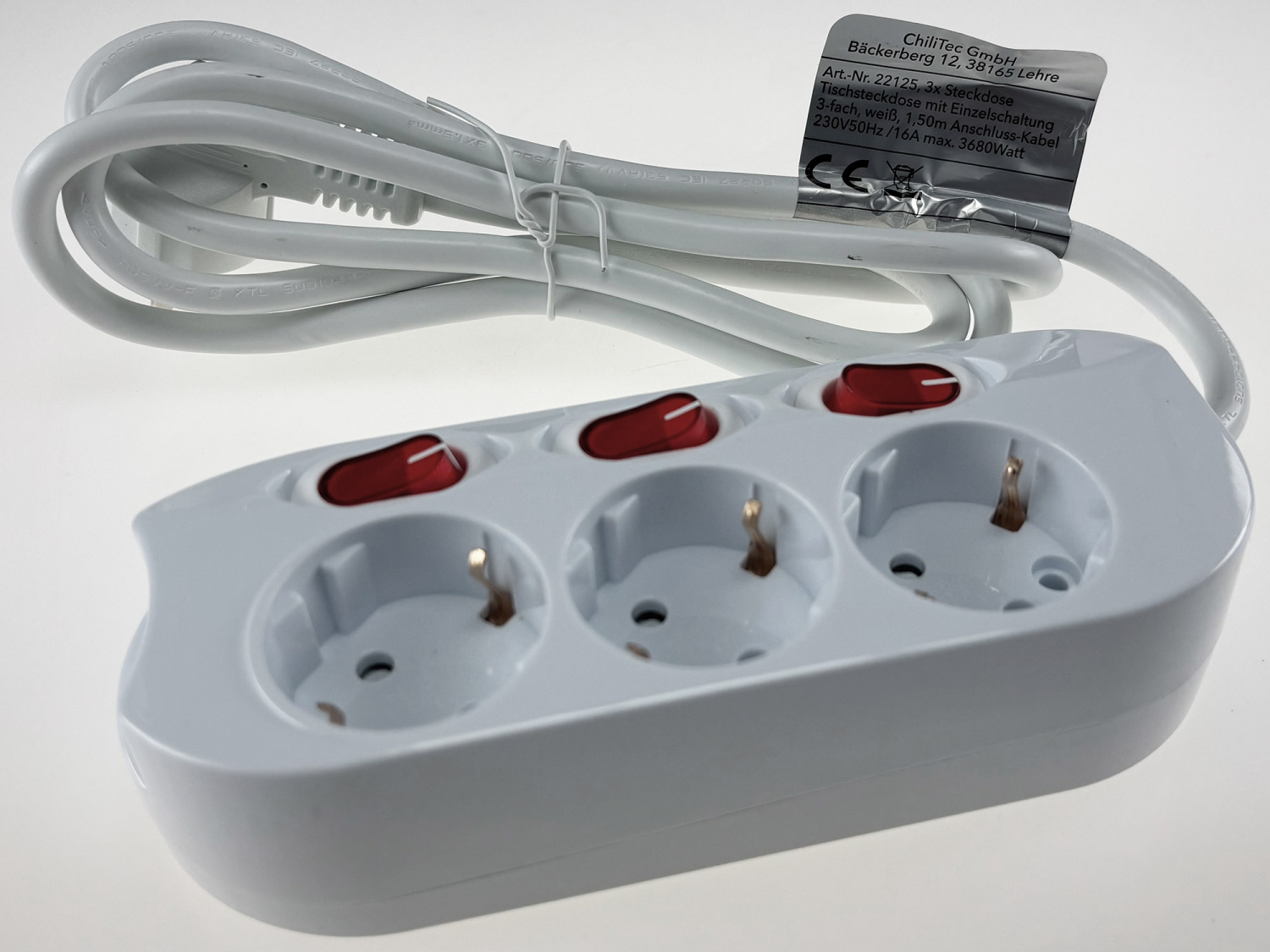 ChiliTec Steckdosenleiste mit Einzelschaltung 3-fach weiß 1,5m Kabel 22125
