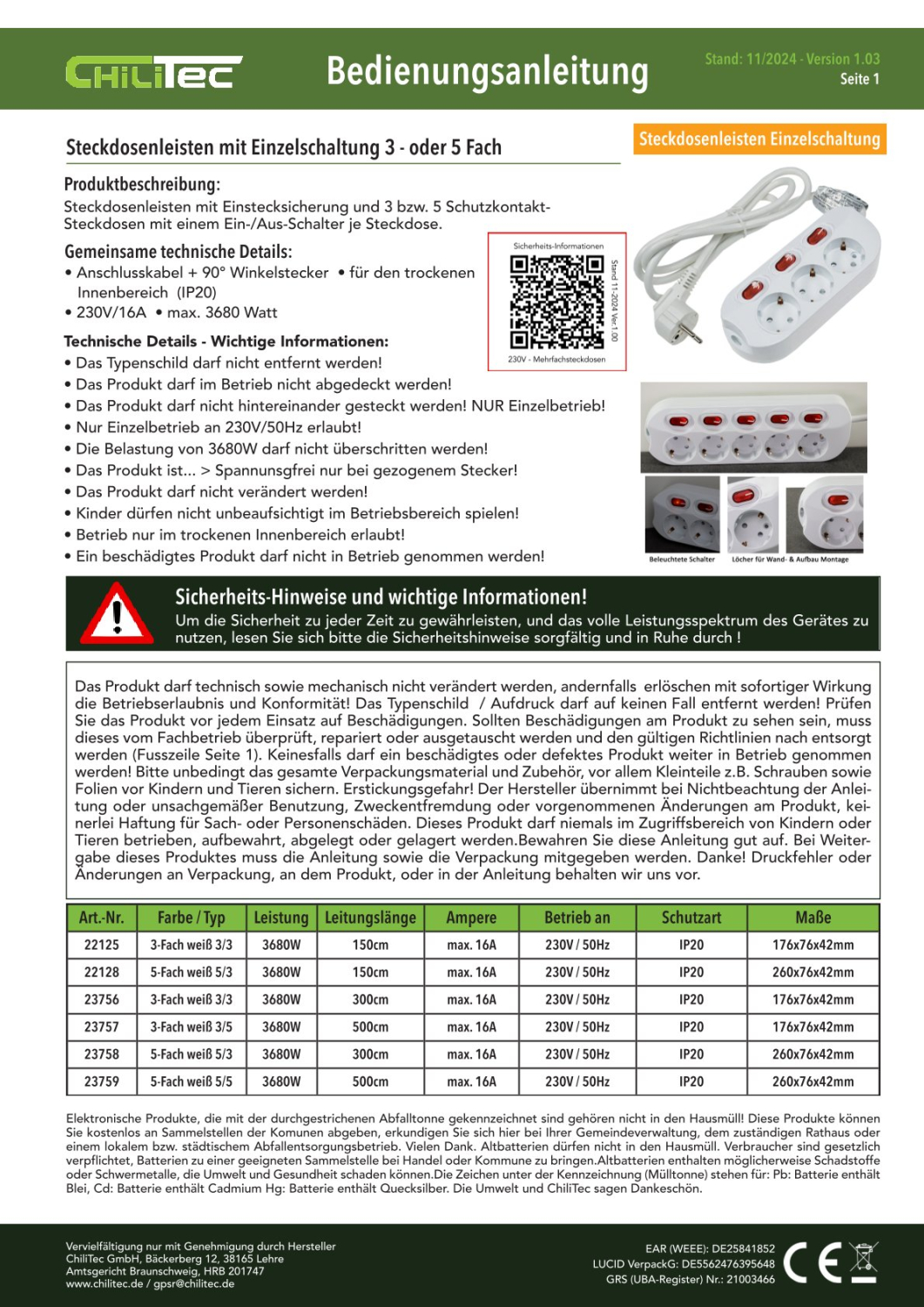 ChiliTec Steckdosenleiste mit Einzelschaltung 5-fach weiß 1,5m Kabel 22128