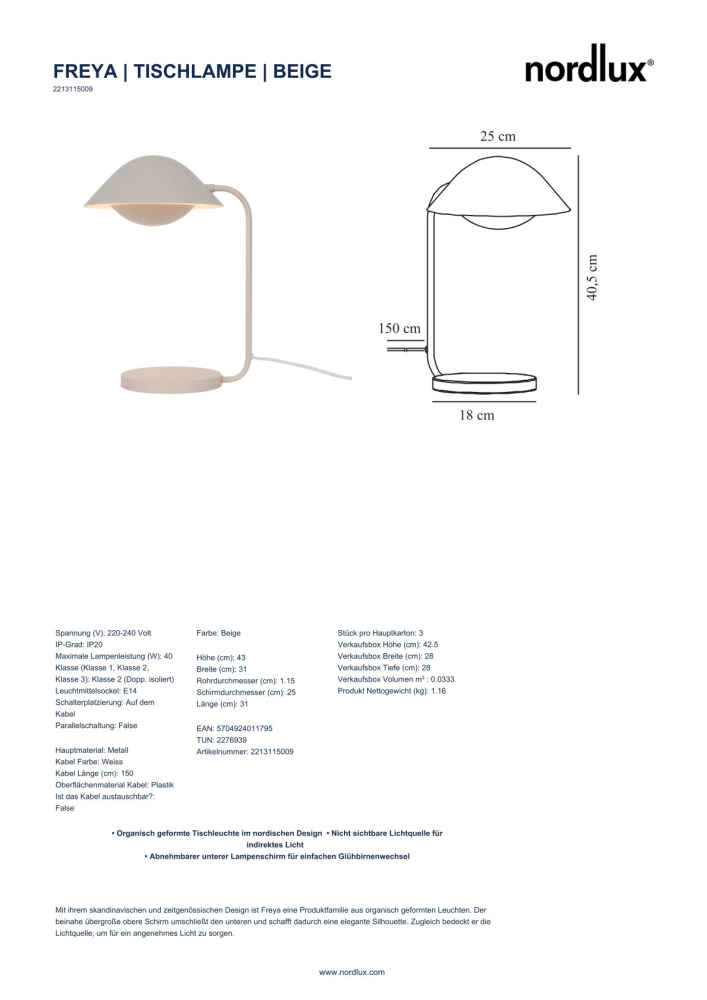 Skandinavische Tischlampe Freya Nordlux Beige E14 Bürotischleuchte