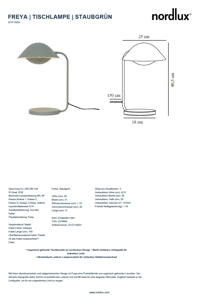 Nordische Tischleuchte Freya Nordlux grün E14 Bürotischleuchte