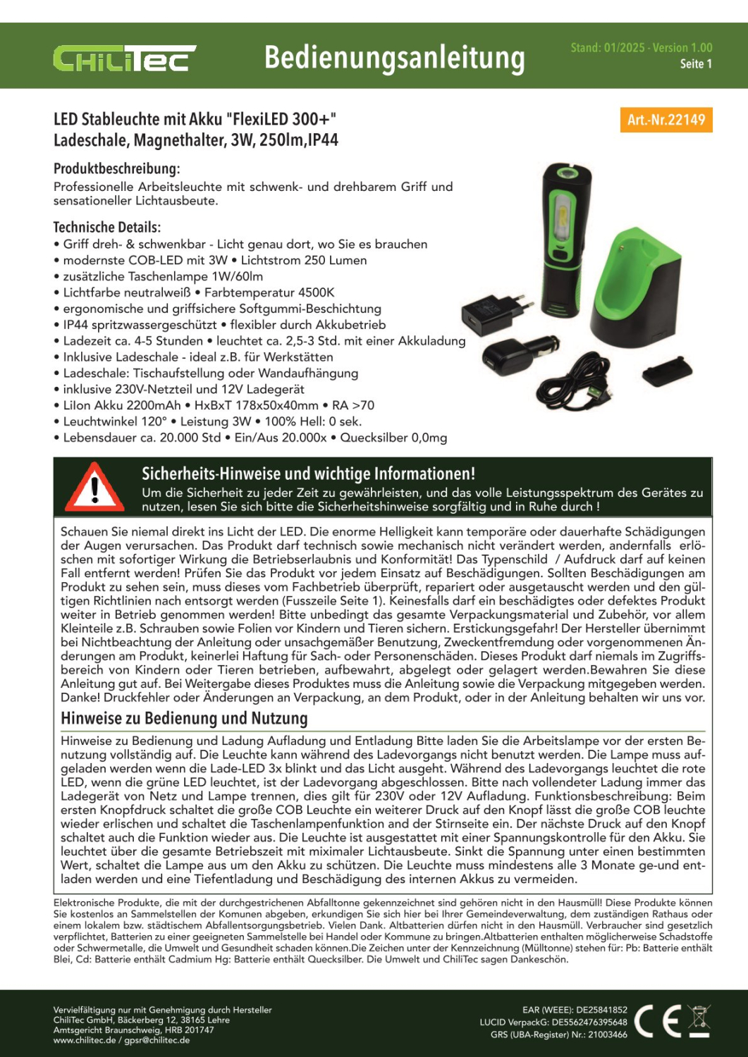 LED Arbeitsleuchte 3W "FlexiLED 300+" Akku 250lm COB Stableuchte mit Ladeschale Magnethalter 22149