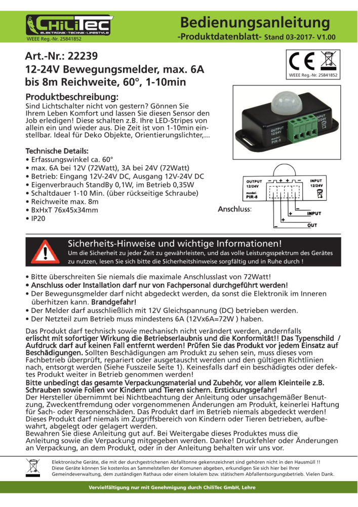 Bewegungsmelder 12-24VDC 6A 8m Reichweite 60° 22239