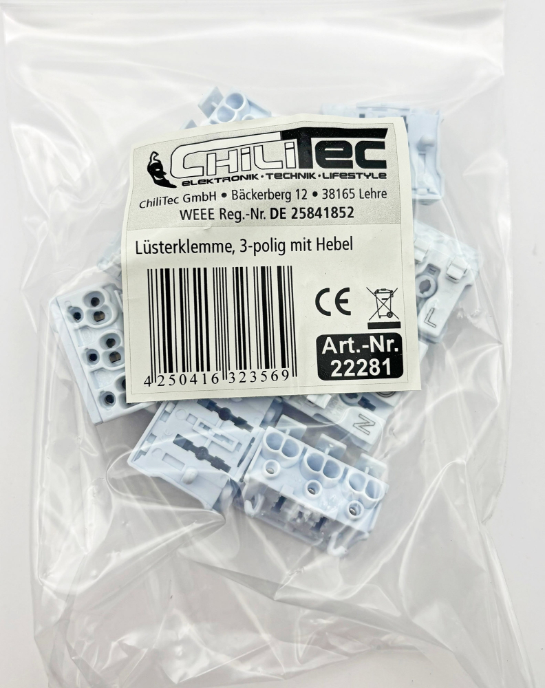 Lüsterklemme mit Hebel 3-polig 0,5-2,5mm² 450V/16A 22281
