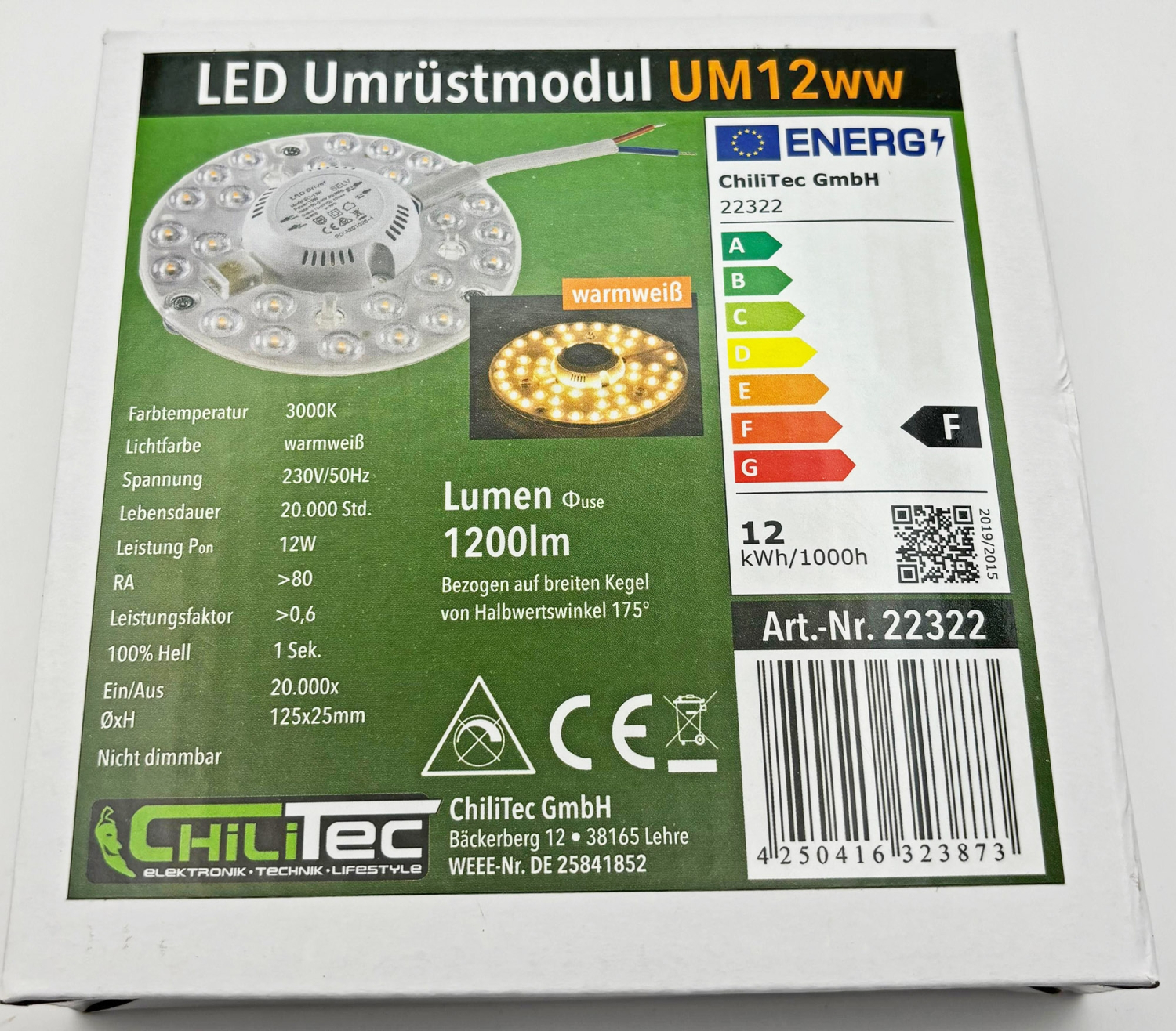 ChiliTec LED Modul "UM12ww" Ø12cm 12W 3000K 1200Lm Magnethalter 22322 für Leuchten Umrüstung