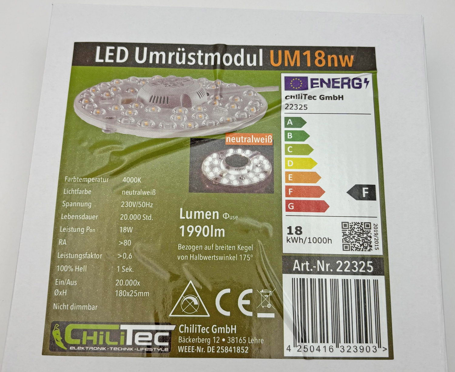 ChiliTec LED Modul "UM18nw" Ø18cm 18W 4000K 1990Lm Magnethalter 22325 - Leuchten Umrüstung