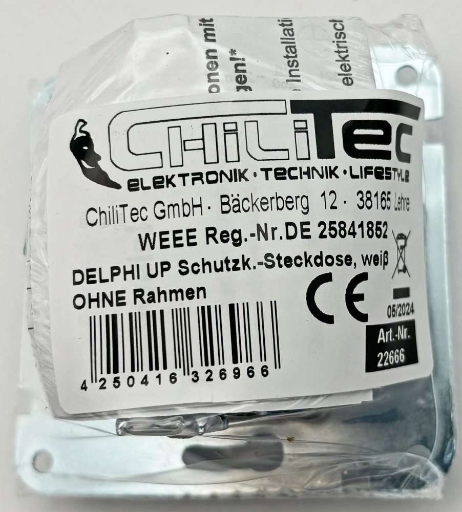 DELPHI Steckdose mit erhöhtem Berührungsschutz weiß, Einsatz ohne Rahmen, 22666