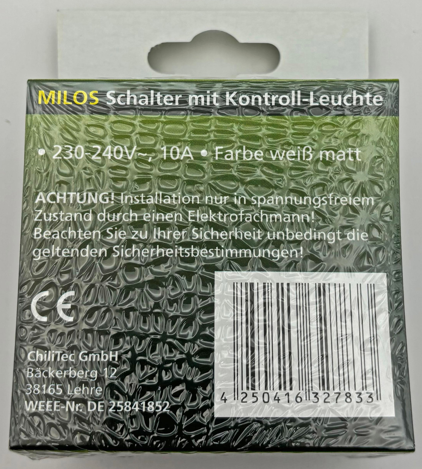 ChiliTec MILOS Kontroll-Schalter mit Lämpchen weiss matt, incl. Rahmen, Schraubanschluss, 22775