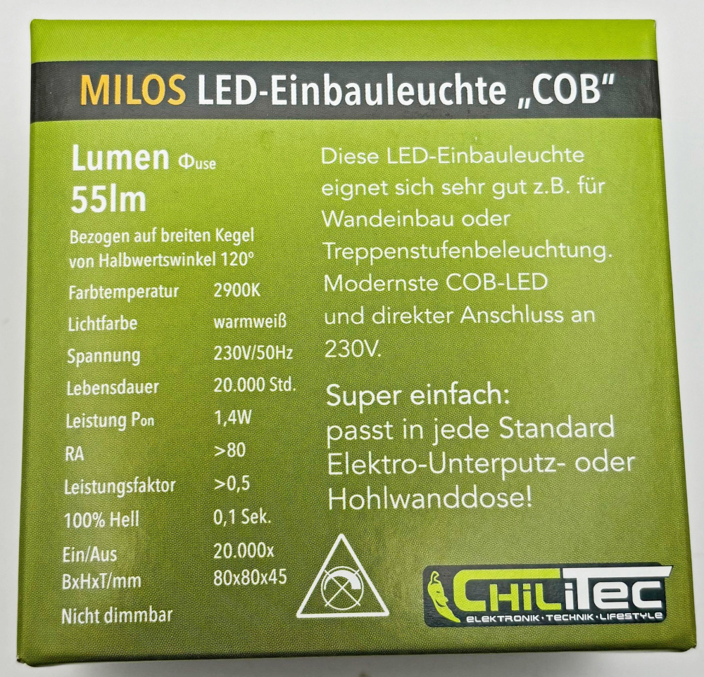 MILOS LED Wandeinbauleuchte "COB" weiß matt 3000K warmweiss 55Lm 22784