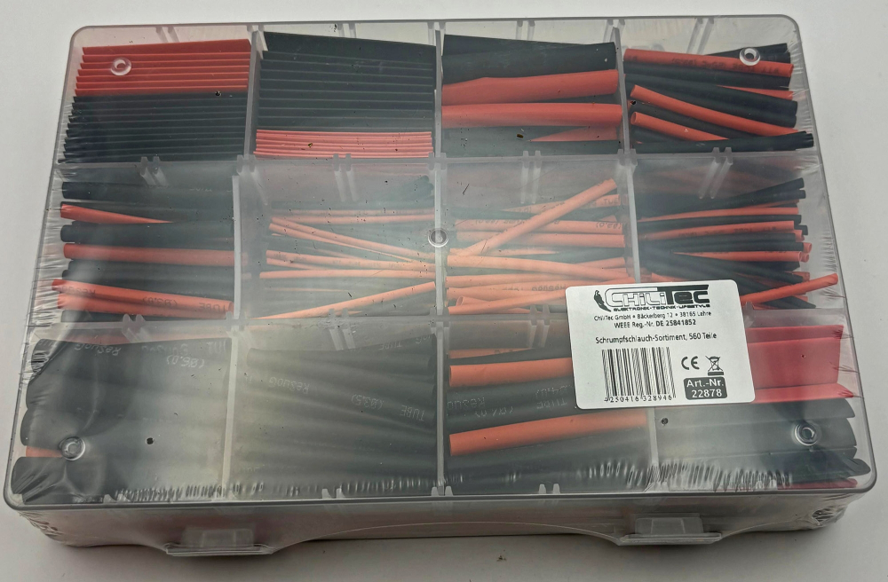 Schrumpfschlauch-Sortiment, 560-teilig in Plastikbox, schwarz + rot, Ratio 2:1, Isolierung 22878