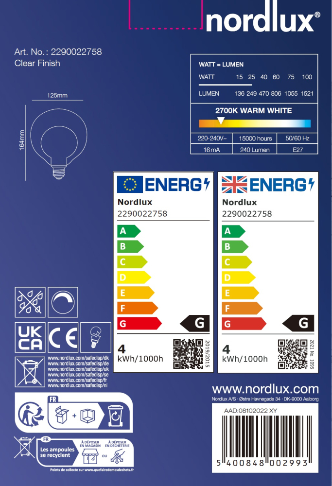 LED Leuchtmittel Deco E27 G125 Double Dim 2700K 240Lm dimmbar Nordlux 2290022758