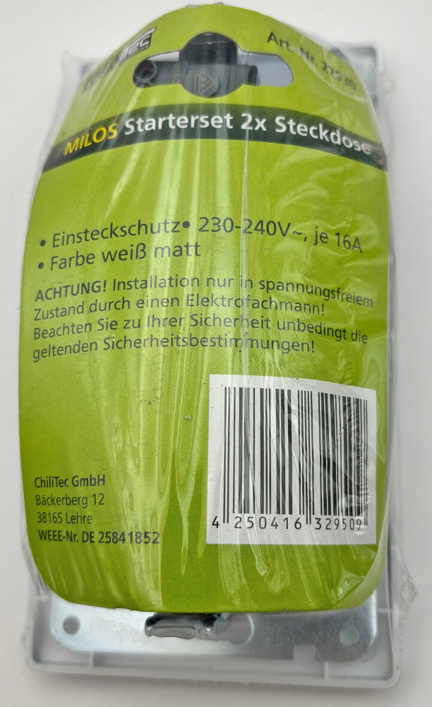 MILOS Set 2 Steckdosen + 2-fach Rahmen Matt Weiß mit erhöhtem Berührungsschutz, Klemm 22930
