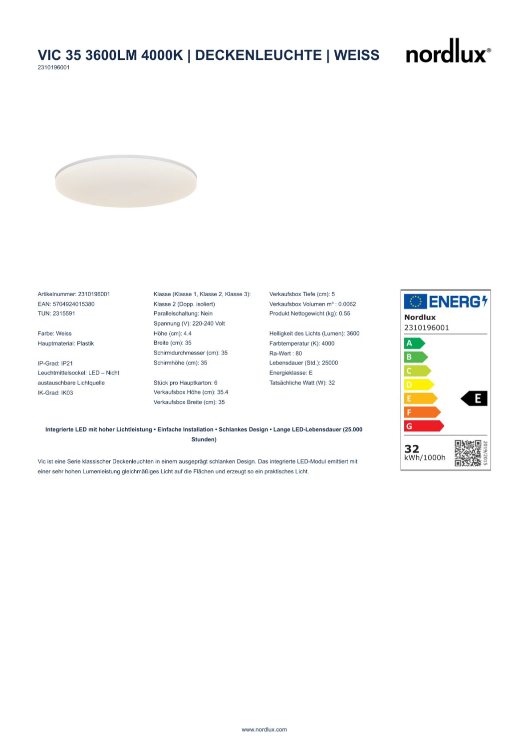 Nordlux LED Deckenleuchte VIC 35 4000K 32W 3600Lm neutralweiß 2310196001