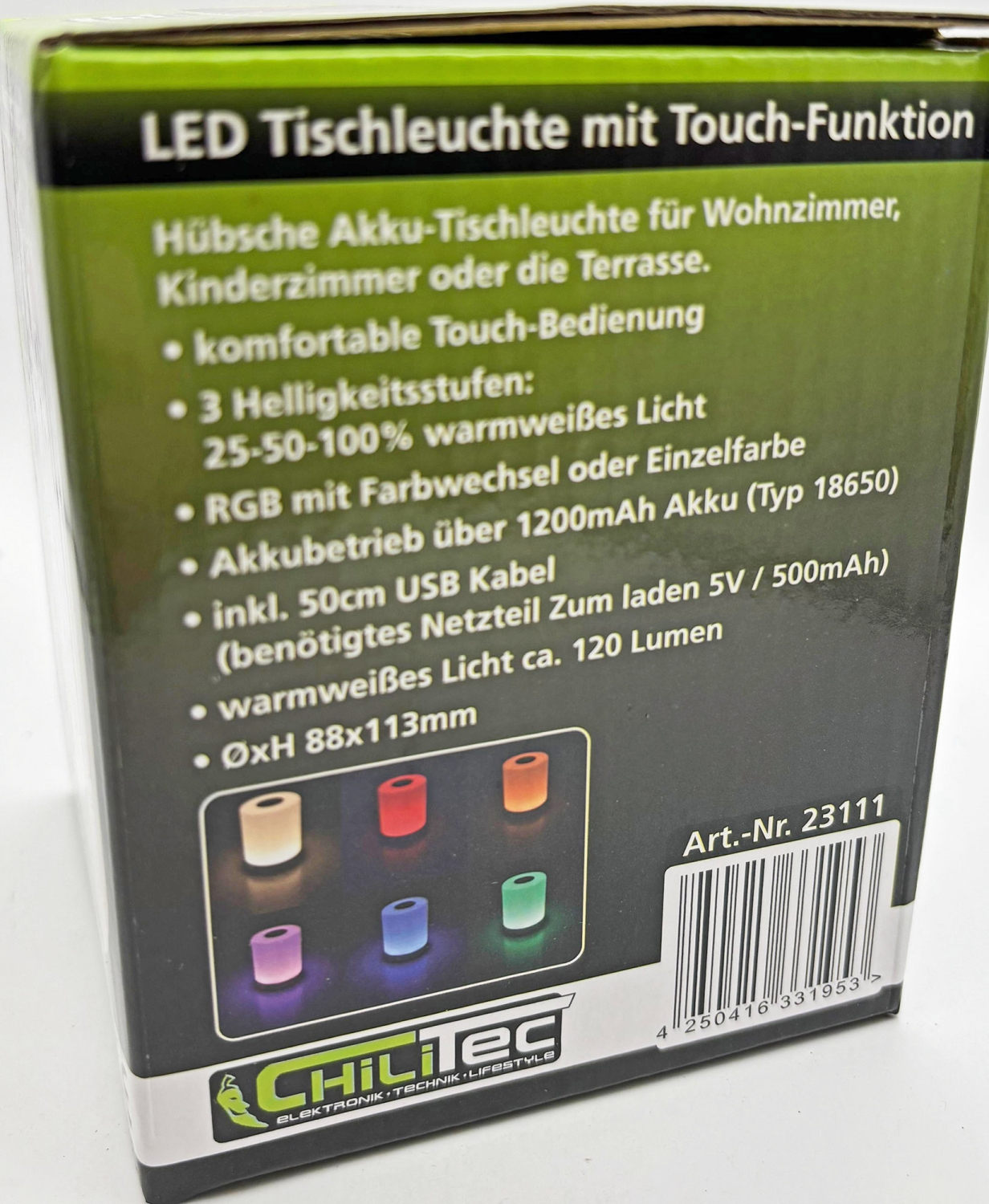 LED Akku-Tischleuchte mit Touch-Funktion H113mm, Warmweiß + RGB Magnethalter ChilITec 23111