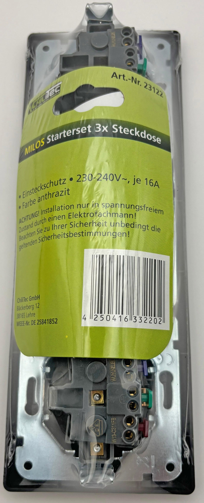 MILOS Set 3 Steckdosen + 3-fach Rahmen Anthrazit Klemmanschluss 23122