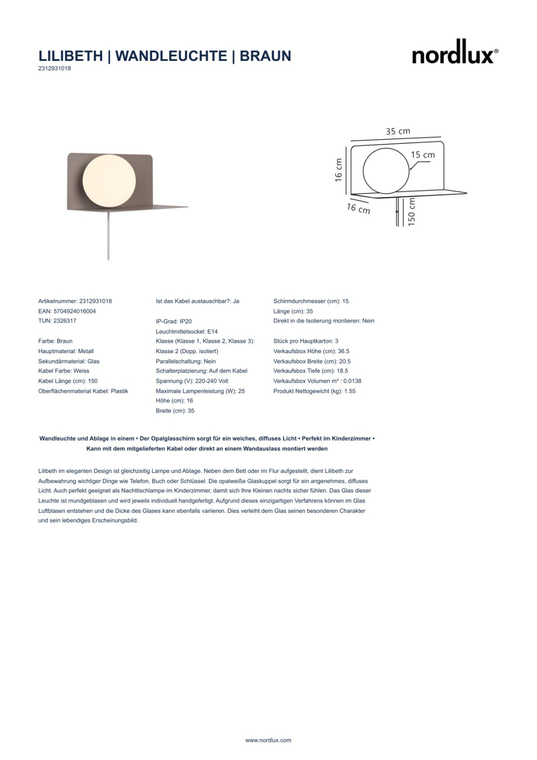 Nordlux Kinderleuchte mit Ablage Lilibeth E14 Braun Wandleuchte 2312931018