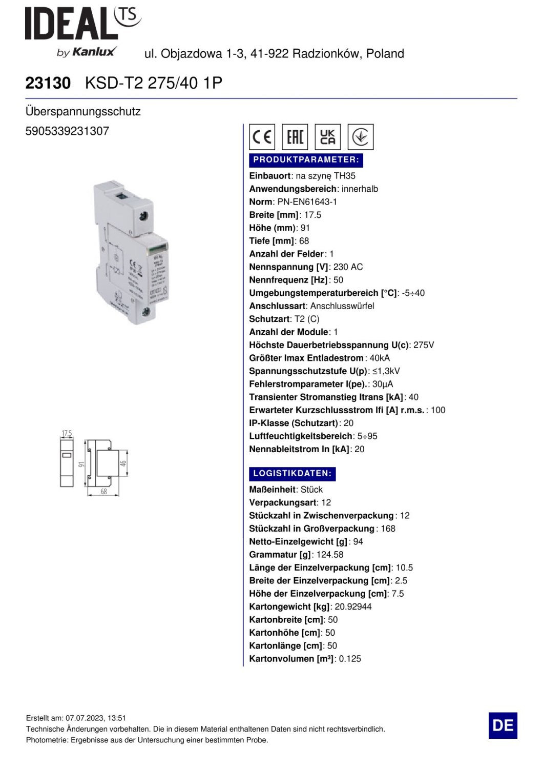Überspannungsschutz KSD KSD-T2 275/40 1P Ideal 23130