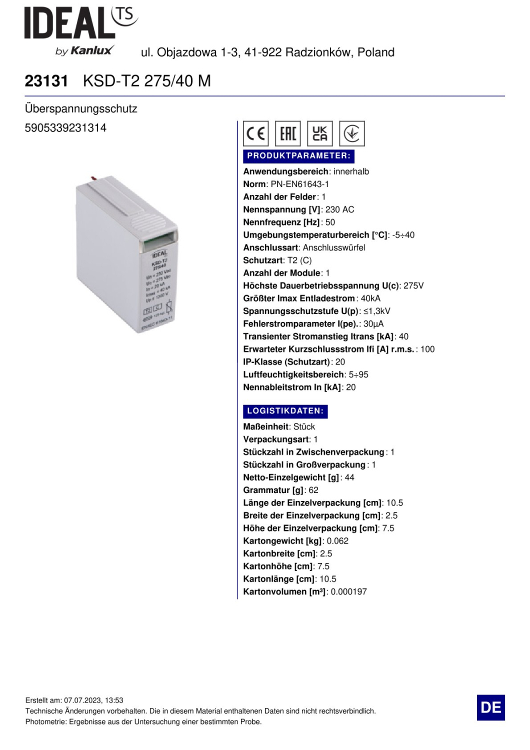 Überspannungsschutz KSD KSD-T2 275/40 M Ideal 23131
