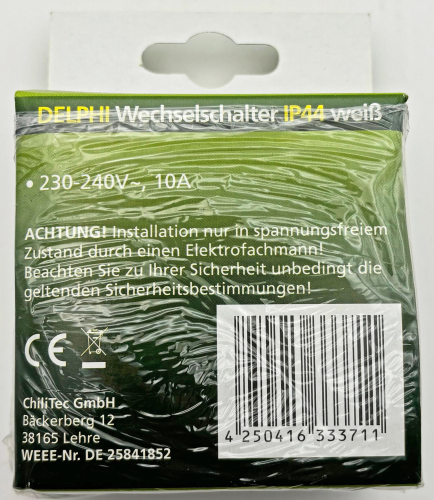 DELPHI Wechselschalter IP44 UP weiß Rahmen + Einsatz 23235