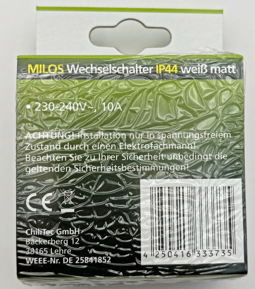 MILOS Wechselschalter Matt Weiß IP44 mit Rahmen 23237