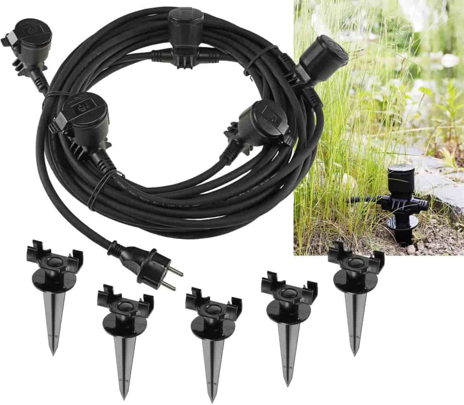 Gartensteckdose IP44 Außen - 5-fach Einzelsteckdosen mit Deckel und Erdspieß 23243