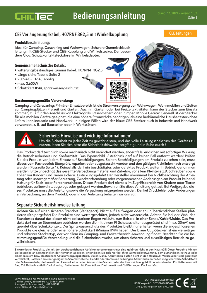 CEE Verlängerungskabel 15m für Wohnwagen, Camping mit Winkelkupplung 23259
