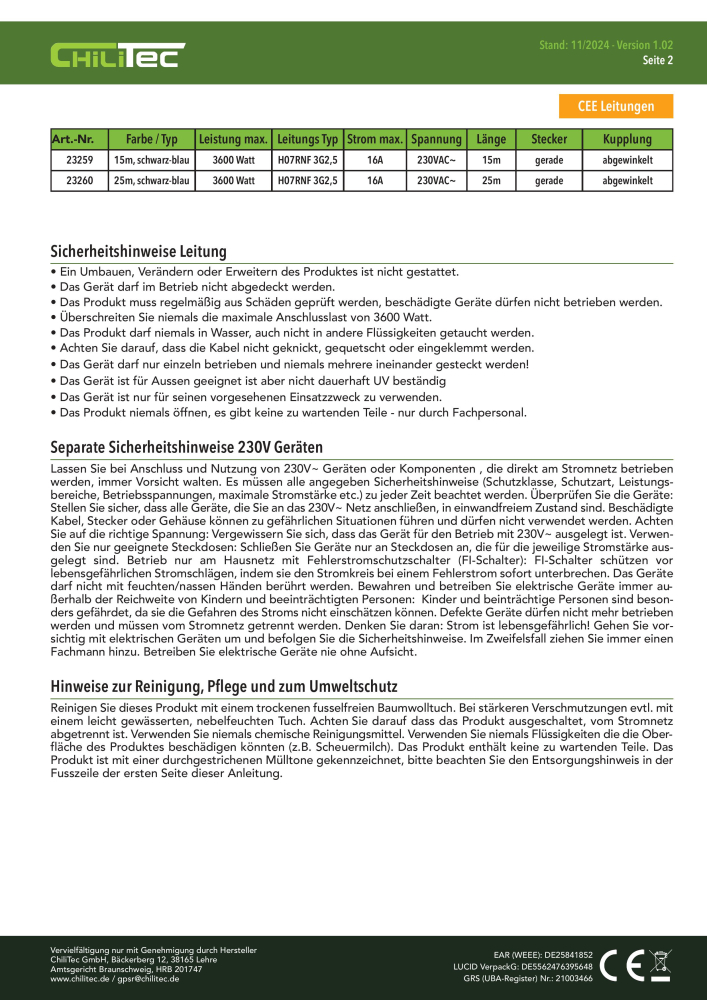 CEE Verlängerungskabel 15m für Wohnwagen, Camping mit Winkelkupplung 23259