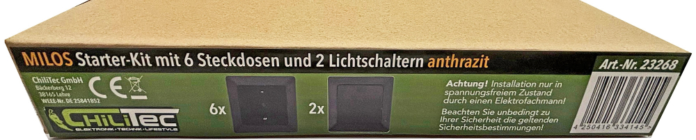 MILOS Starter 16-tlg, 6x Steckdose, 2x Schalter + Rahmen Anthrazit 23268