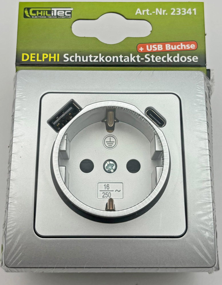 DELPHI Steckdose mit USB-A und USB-C silber