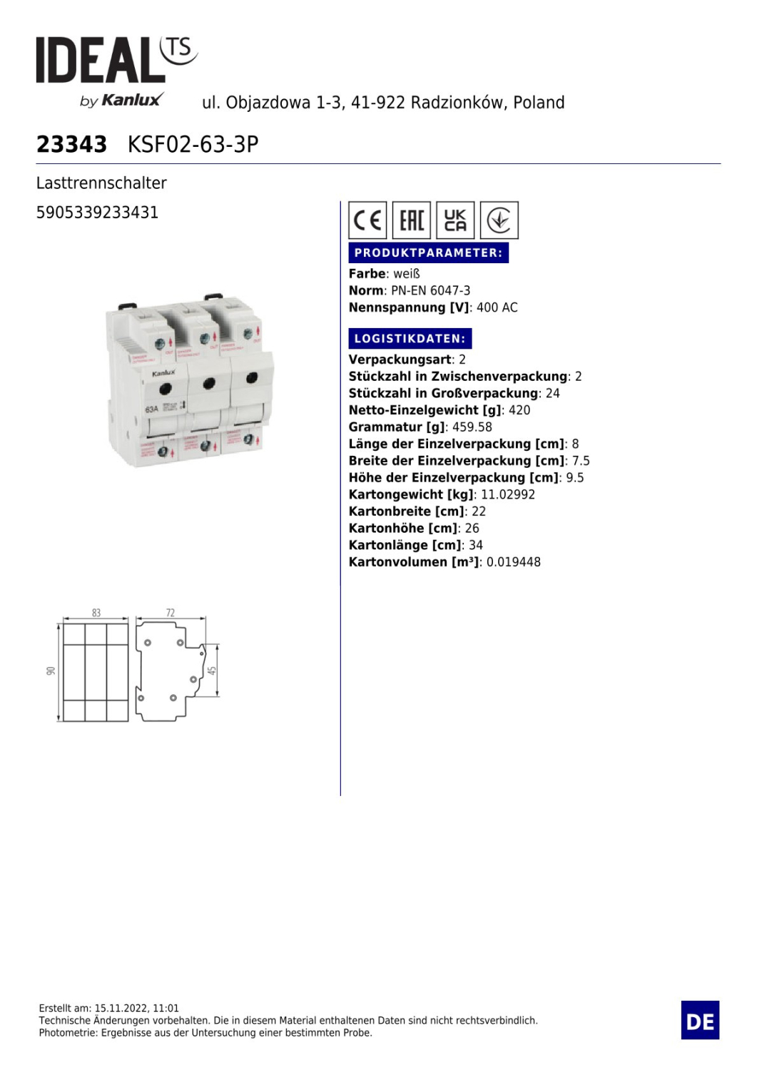 Lasttrennschalter KSF KSF02-63-3P 63A 3-polig Ideal 23343