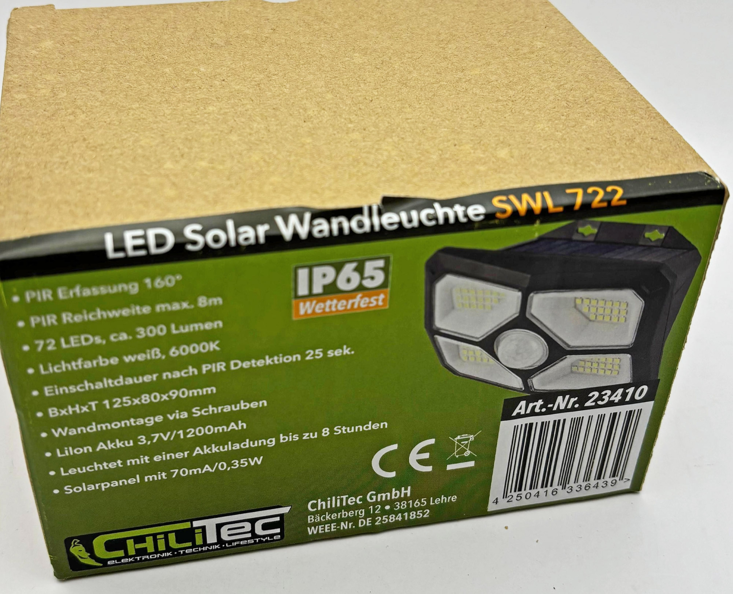 ChiliTec LED Solar Wandleuchte "SWL 722" PIR Bewegungsmelder IP65 23410