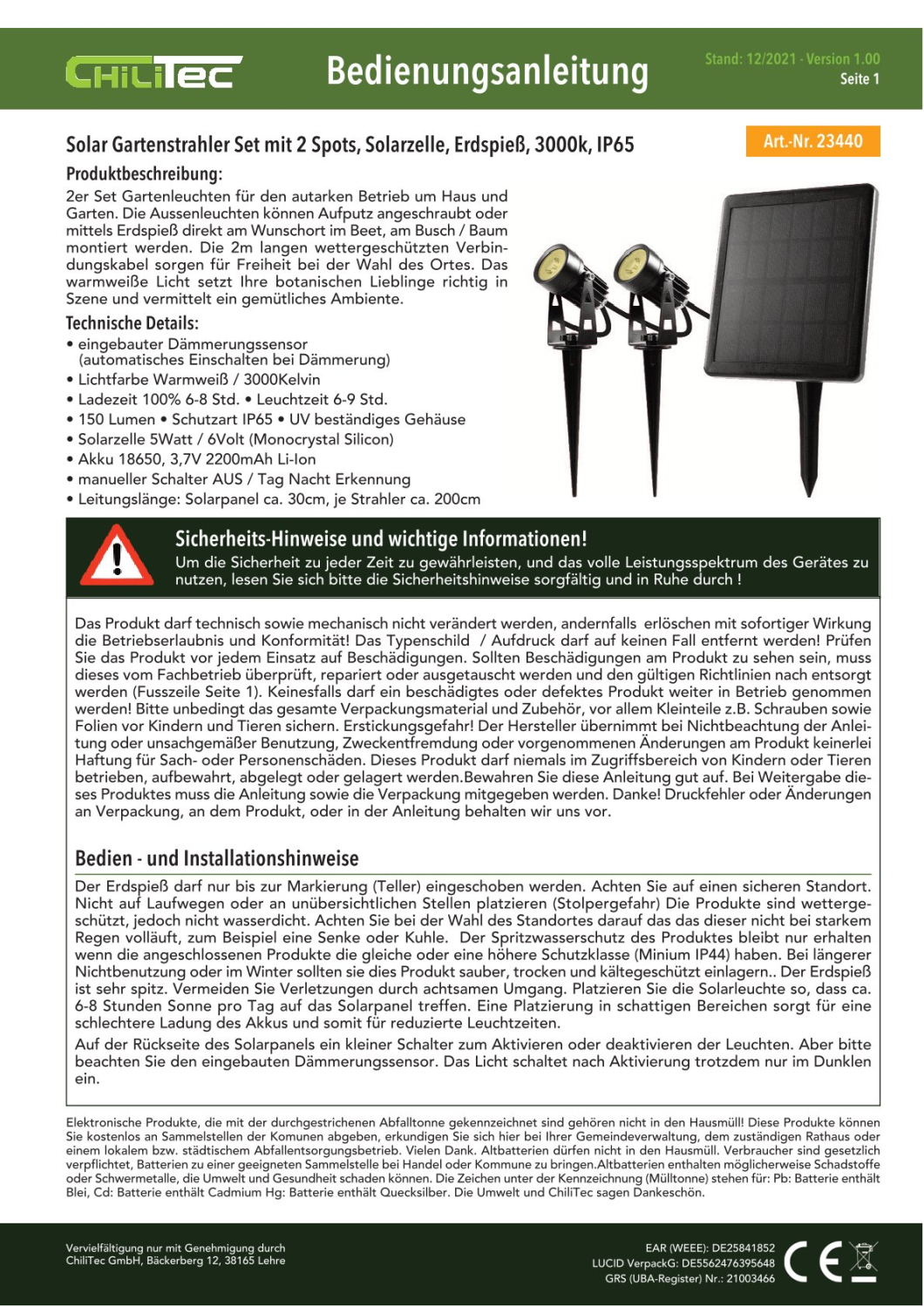 ChiliTec Gartenstrahler Set Solar mit 2 Spots Solarzelle Erdspieß 3000K IP65 23440