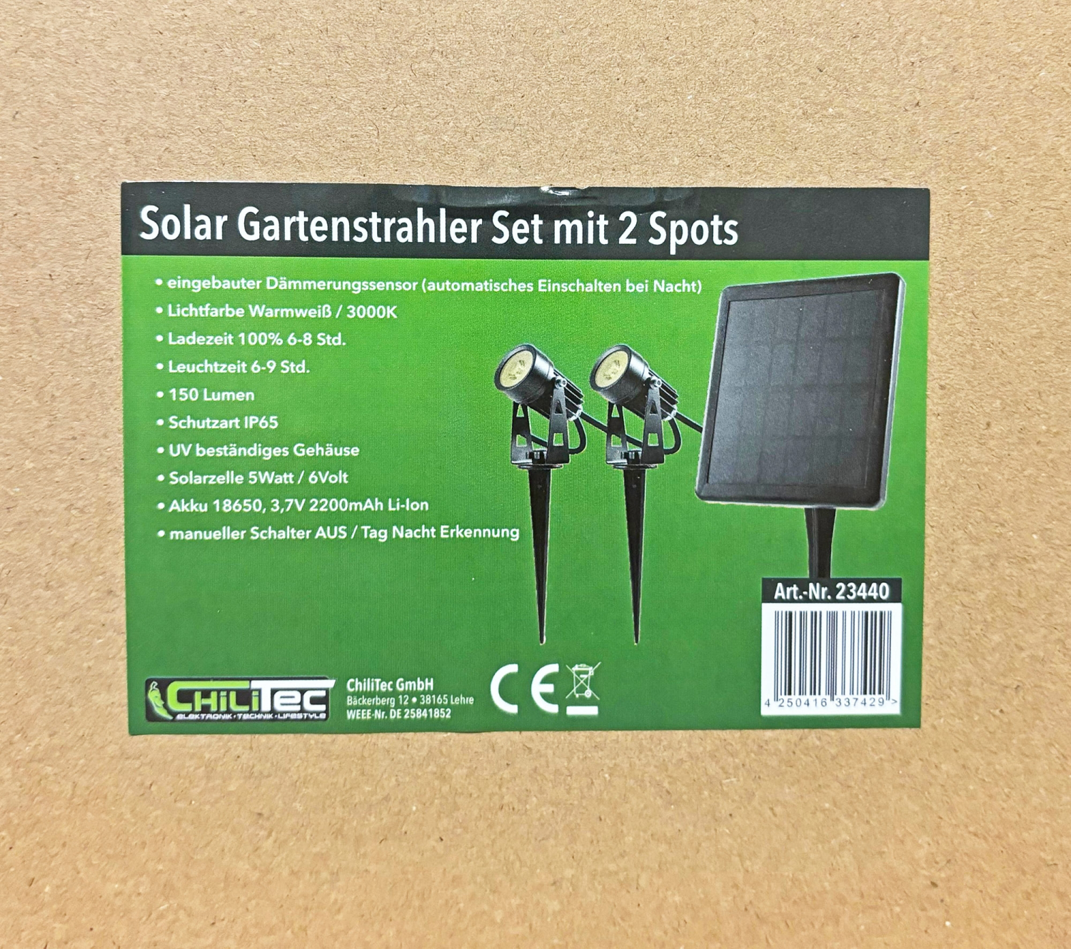 ChiliTec Gartenstrahler Set Solar mit 2 Spots Solarzelle Erdspieß 3000K IP65 23440