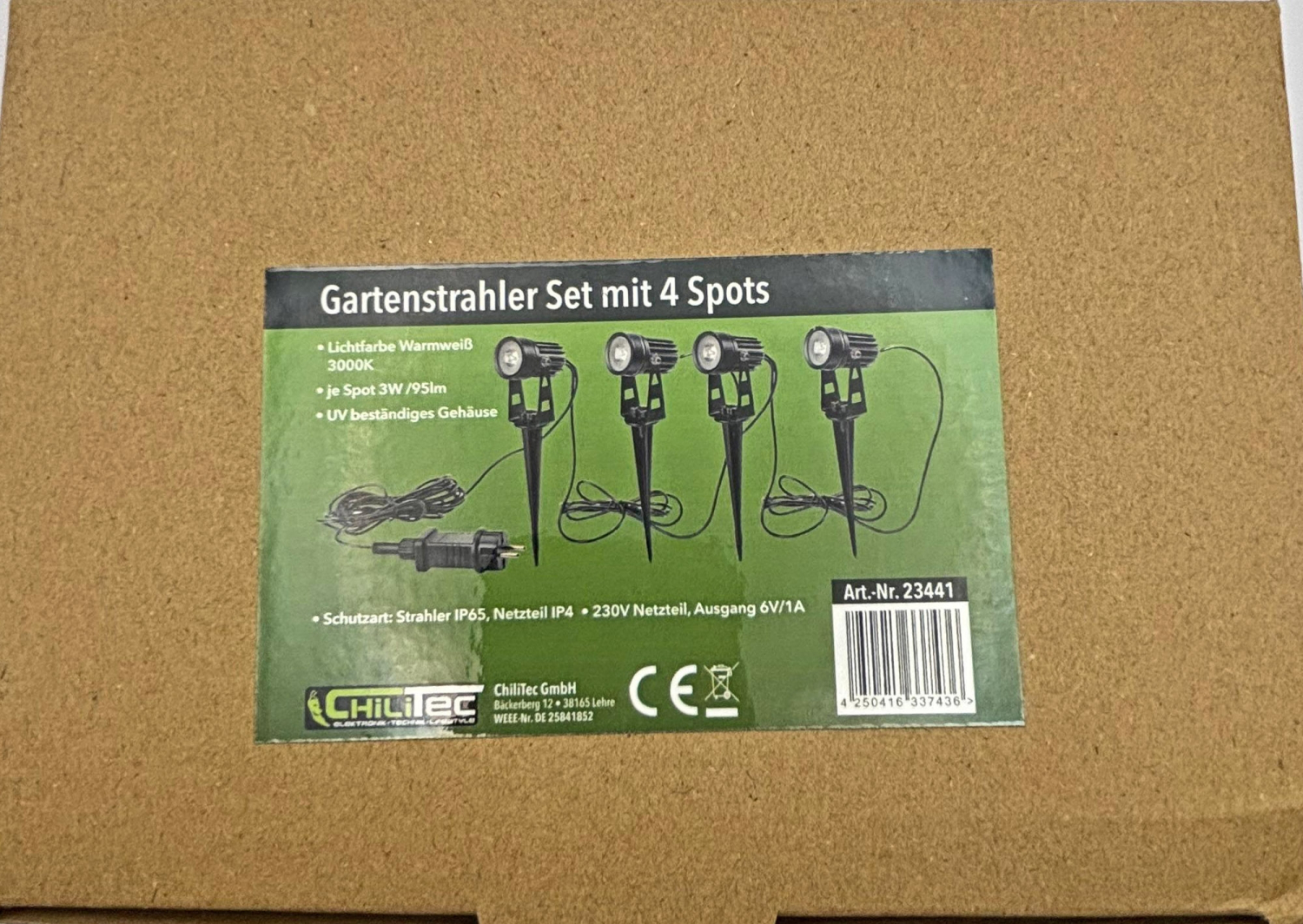 ChiliTec 4er Set Gartenleuchte IP65/44 Gartenstrahler 4 Spots mit Erdspieß + Netzteil 3000K 23441